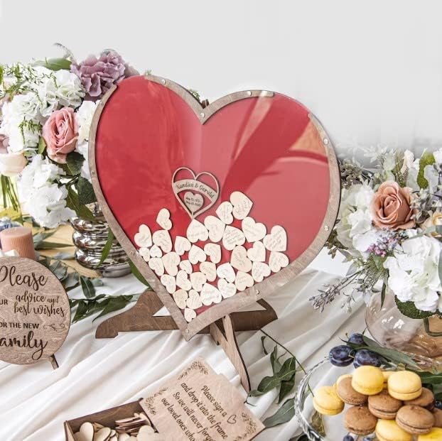 Rustic Personalized Wedding Guest Book: Heart Drop Design, Heart, Circle & Rectangle Frames.