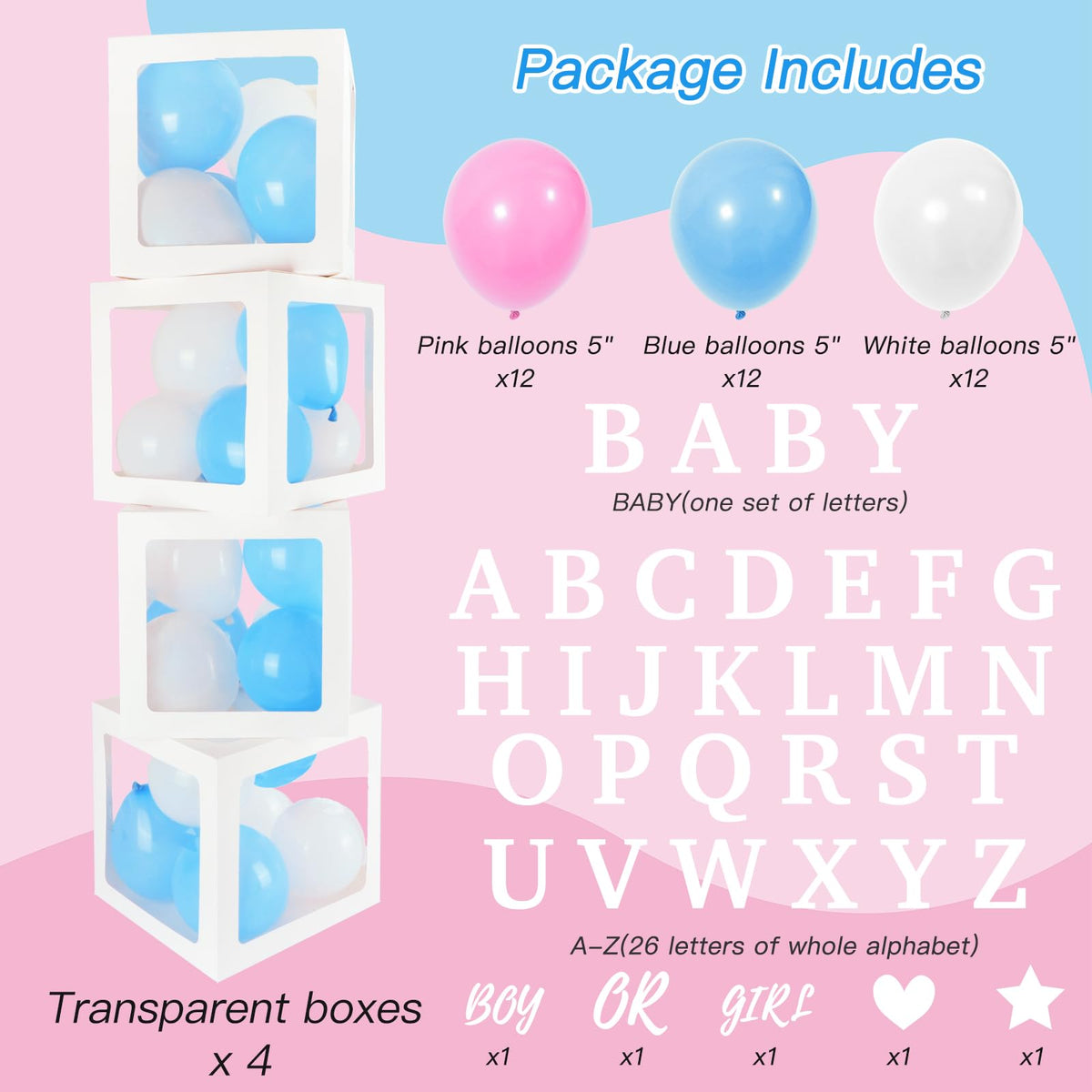 RUBFAC Baby Boxes with Letters and 36 Balloons, 4pcs Clear Balloon Boxes for Gender Reveal Baby