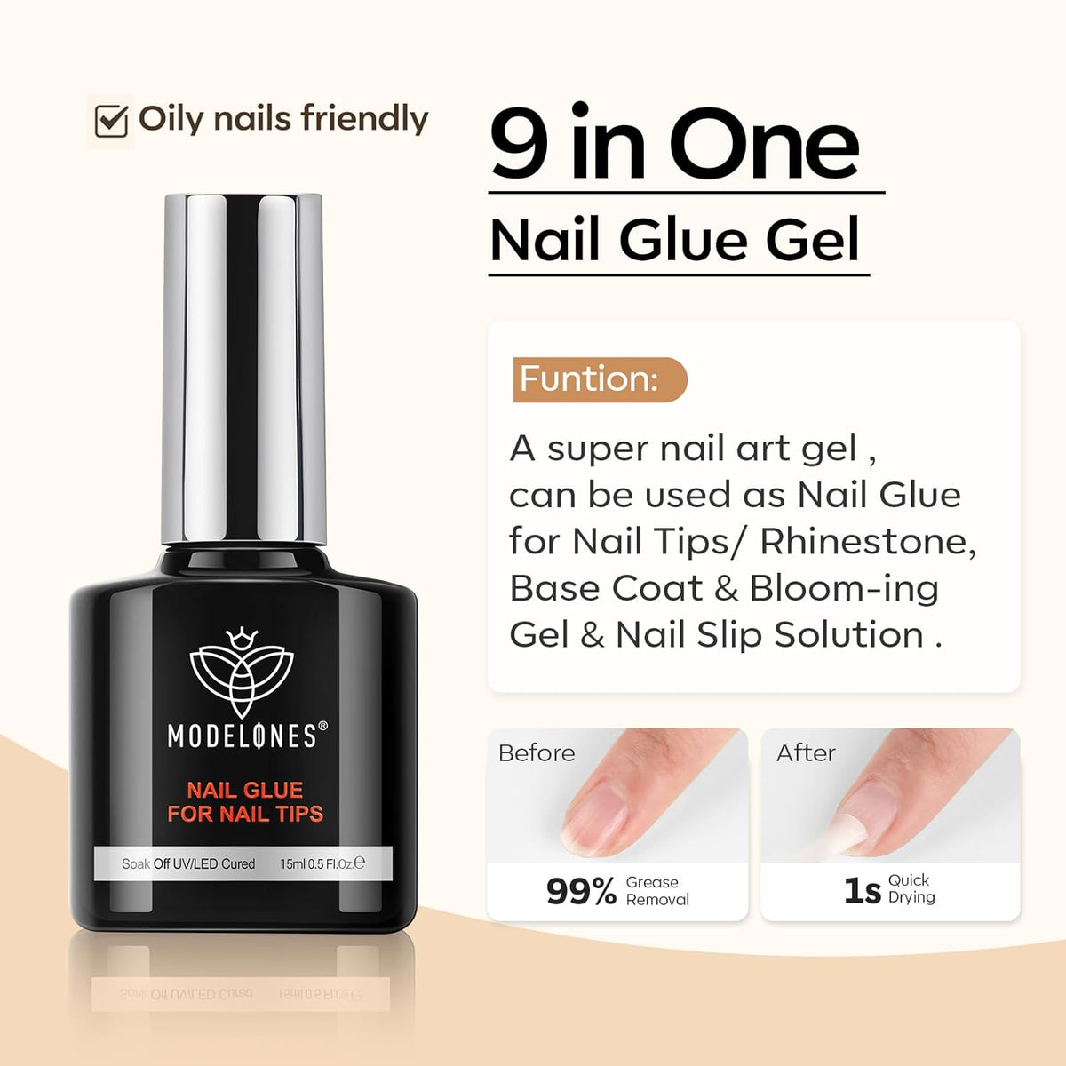 modelones Nail Glue & Top Coat Base Gel Set No Wipe Long Lasting Glossy Gel Top Coat Base Coat 9 in