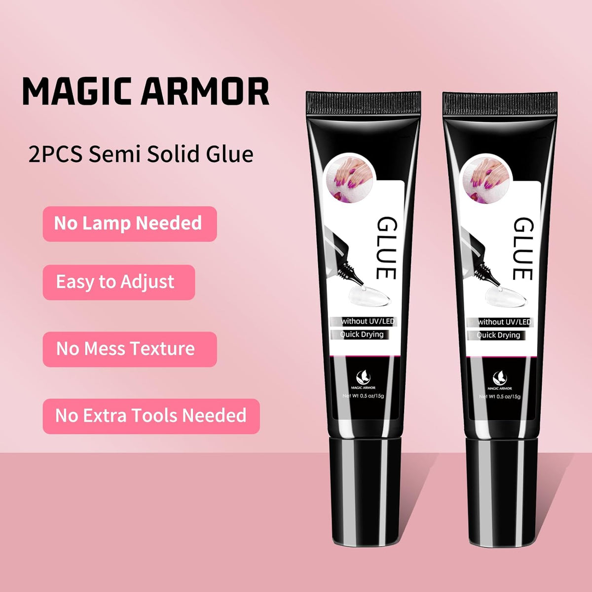 2Pcs Semi Solid Nail Glue for Press On Nail, No Need for UV Lamp Super Strong Nail Glue Quick