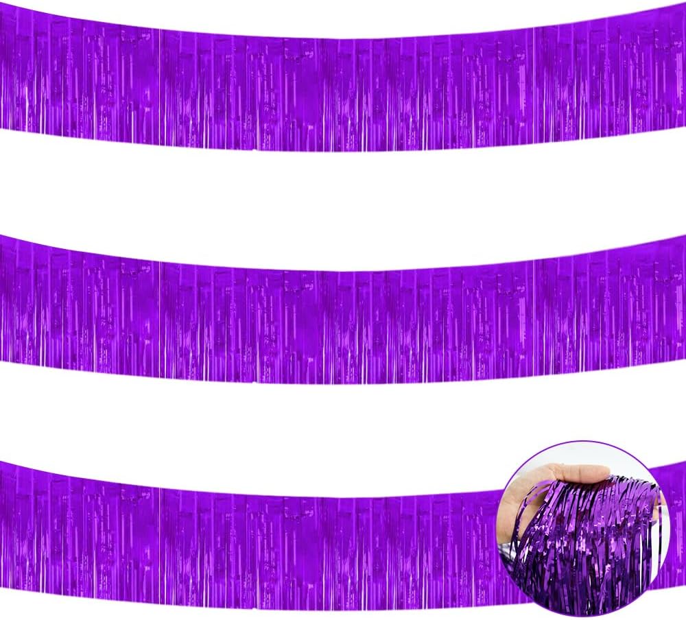 BEISHIDA 3 Packs 30 Feet Metallic Foil Fringe Garland Tinsel Streamers，Shiny Purple Wall Hanging