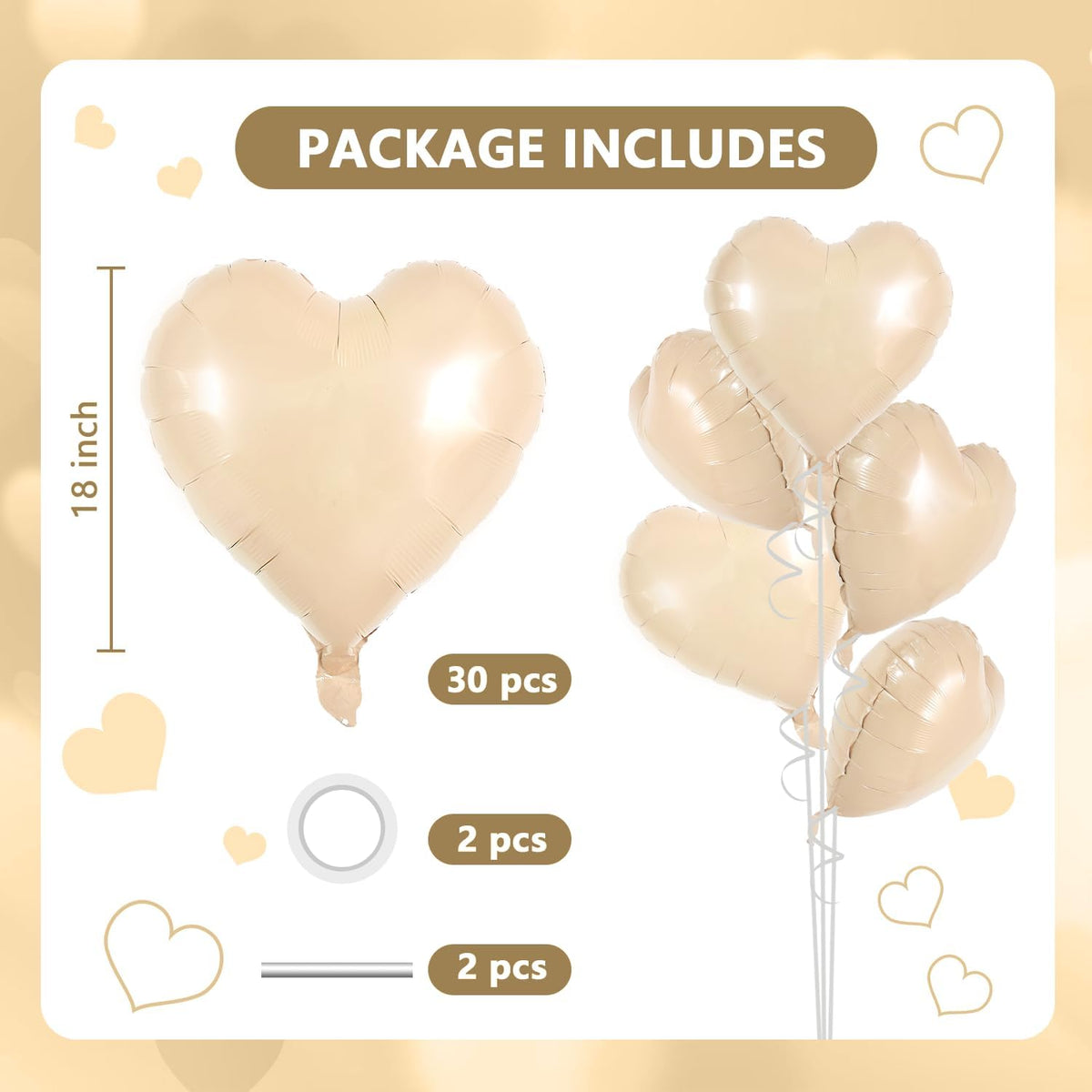 TONIFUL 30Pcs 18 Inch Light Brown Heart Balloons Heart Shape Foil Mylar Balloons Decoration for