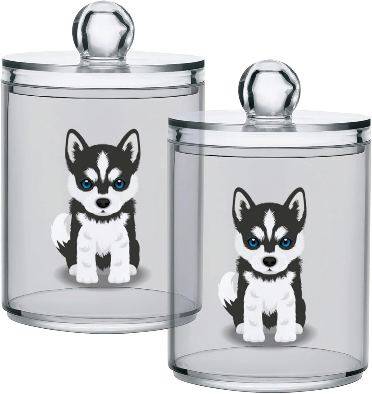 2 Pack Qtip Dispenser Apothecary Jars Dog Bathroom Organizer, Siberian Husky Puppy Qtip Holder