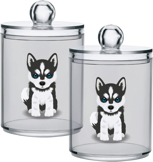2 Pack Qtip Dispenser Apothecary Jars Dog Bathroom Organizer, Siberian Husky Puppy Qtip Holder