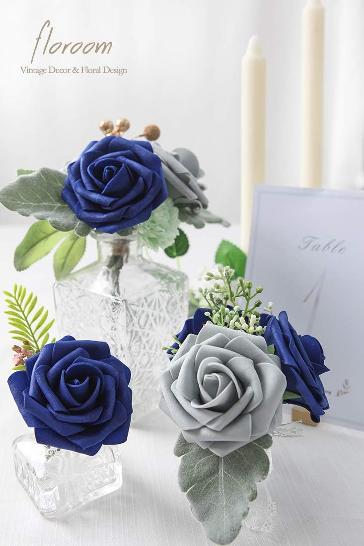 Floroom Artificial Flowers 50pcs Real Looking Royal Blue Foam Fake Roses with Stems for DIY Wedding