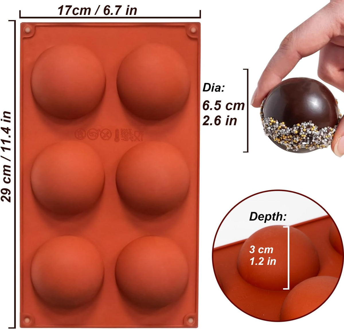 3 Pack Large 6-Cavity Semi Sphere Silicone Molds, Non-Stick Baking Mold for Making Standard Size