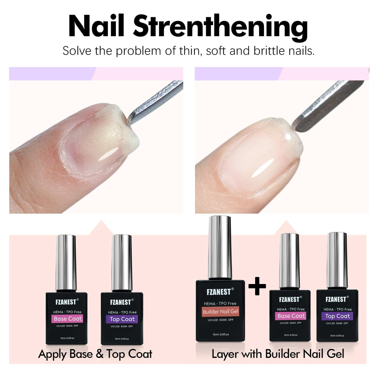 FZANEST Builder Gel With Top and Base Coat HEMA TPO-Free, 15ml * 3pcs Clear Gel Nail Polish Kit for