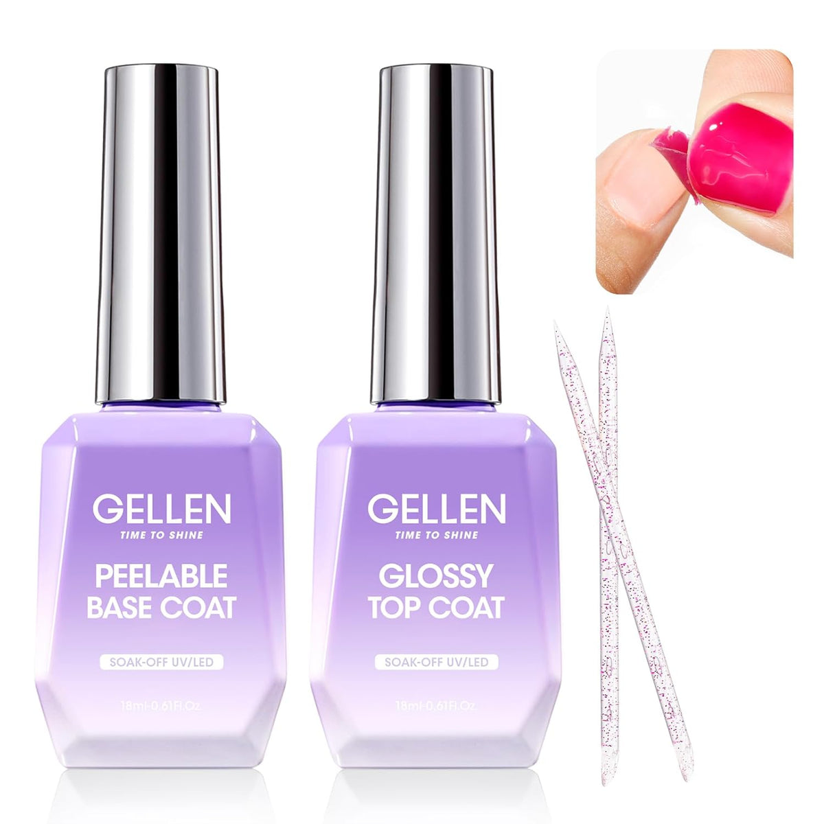 GELLEN Peel Off Gel Base Coat and Top Coat Set, Peelable Base Gel without Soaking, Clear Top Coat
