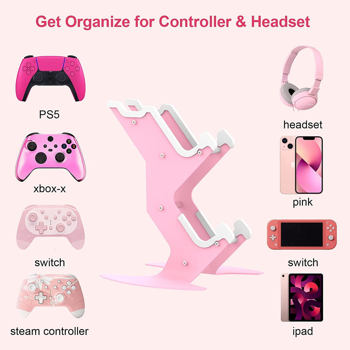 Controller Holder Pink, Game Controller Rack Headset Stand for Xbox Series X S/Xbox one / PS5 / PS4