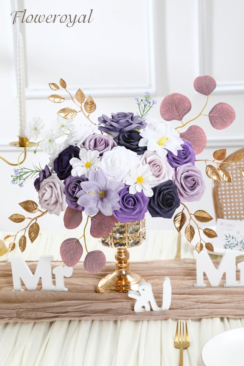Floweroyal Artificial Flowers Combo Purple Flowers Mix Silk Flowers Fake Roses with Stems for DIY