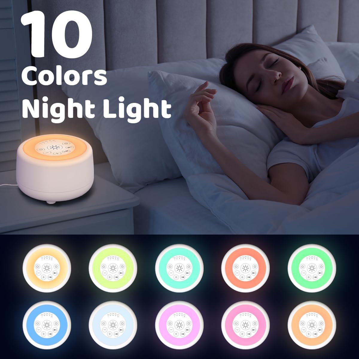 Sleepbox Sound White Noise Machine with 25 Soothing Sounds and 10 Colors Warm Night Light 4