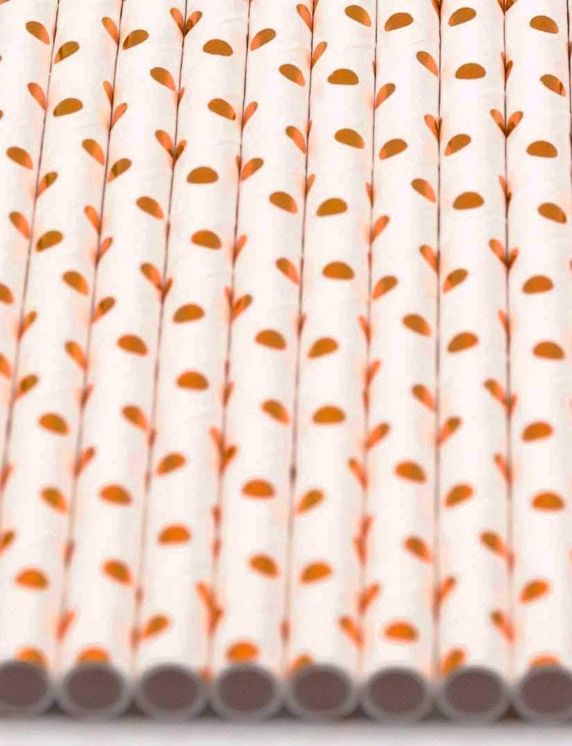 Pack of 150 Rose Gold Polka Dot Foil Biodegradable 4-Ply Paper Drinking Straws (Compostable