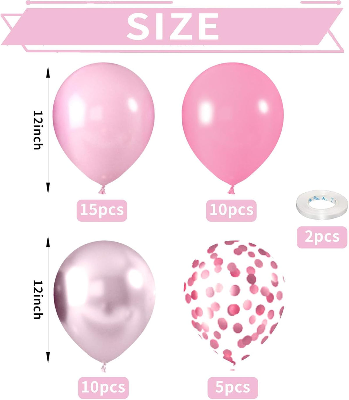 Metallic Chrome Pink 52 PCS 12 Inch Latex Balloons with Pink Confetti - Cherry Blossom, Pearl, Maca