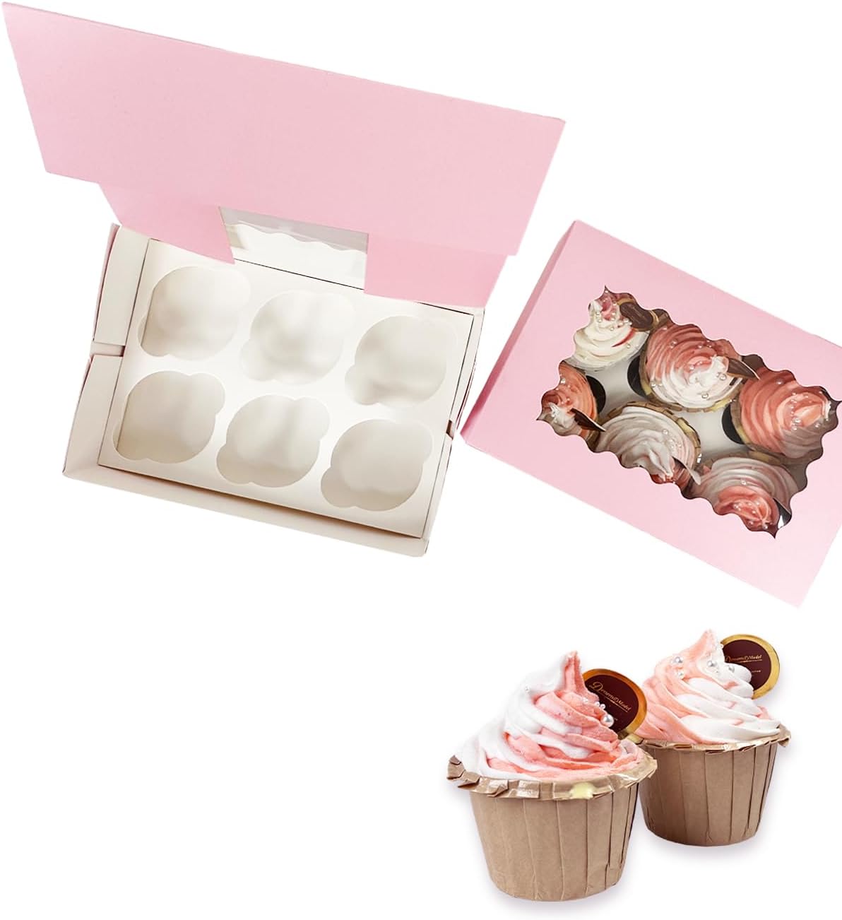 Bakepacker Auto-pop up 6 Cupcake Boxes with Window 20 Count Pink Box 9.4 x 6.1 x 3 inch Cupcake