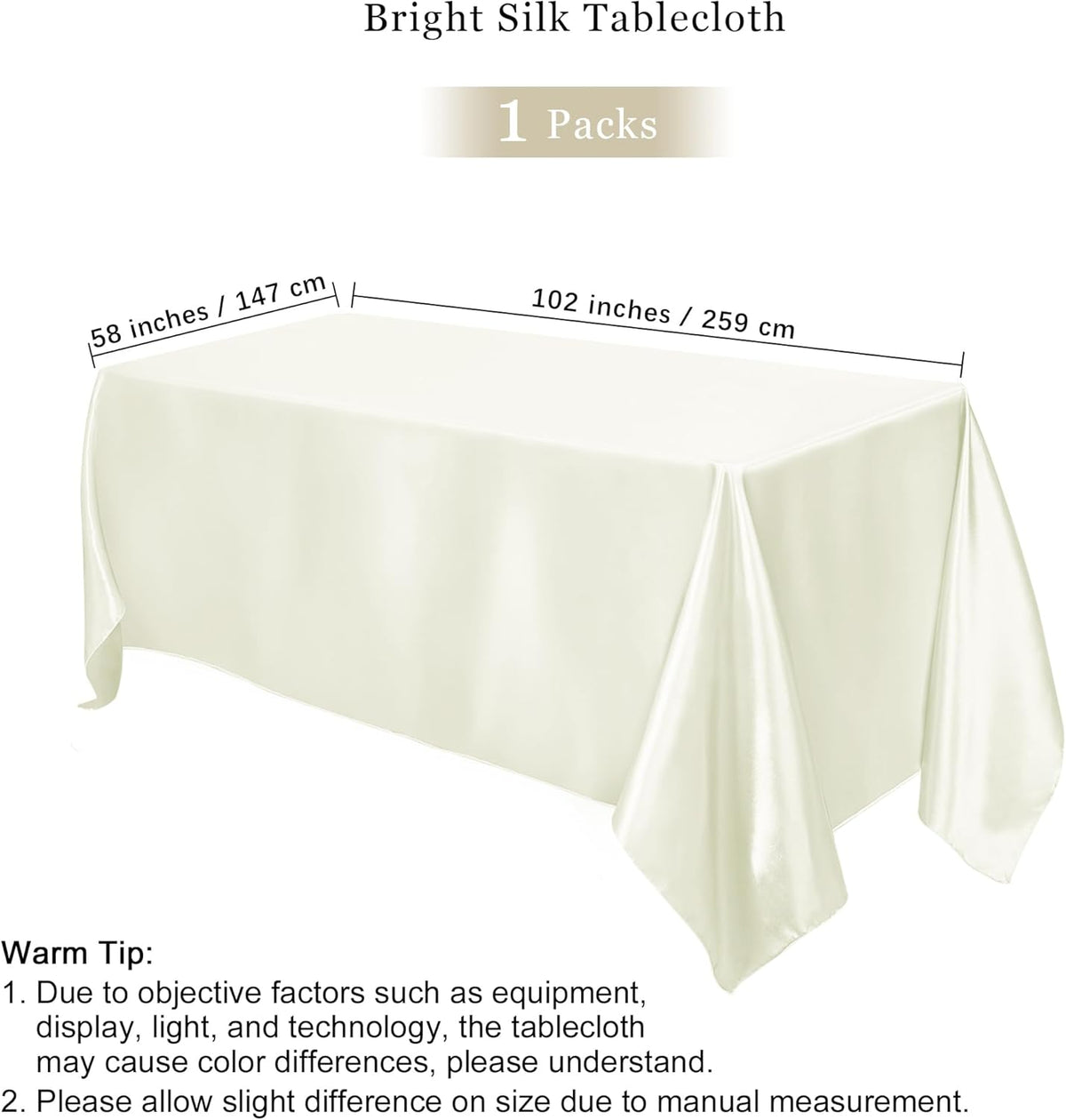 TURSTIN 1 Pack Ivory Satin Tablecloth 102 x 58 Inch Overlay Satin Table Cover Rectangle Bright Silk
