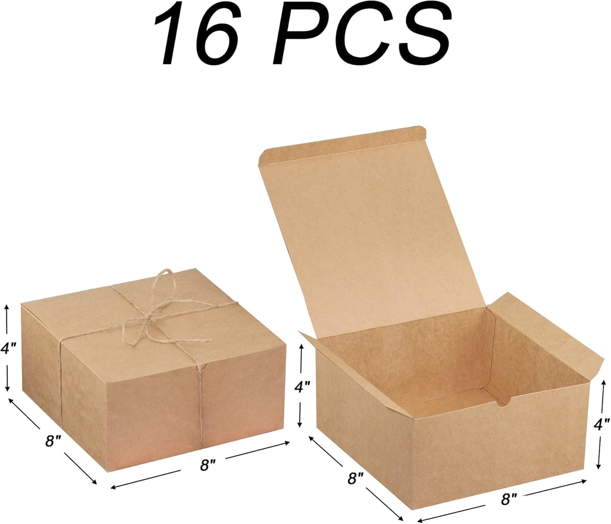 Xxcxpark 16 PCS Brown Kraft Gift Boxes 8x8x4 Inches, Decorative Party Favor Kraft Paper Gift