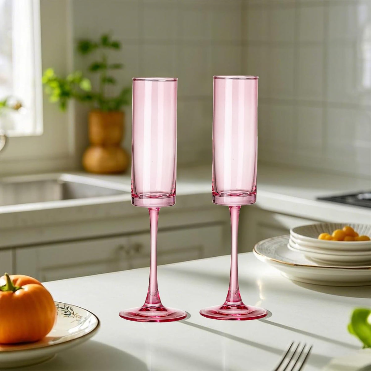 24 Pieces Pink Champagne Flutes 6 OZ Straight Sided Wine Glasses Champagne Long Stem Drinking