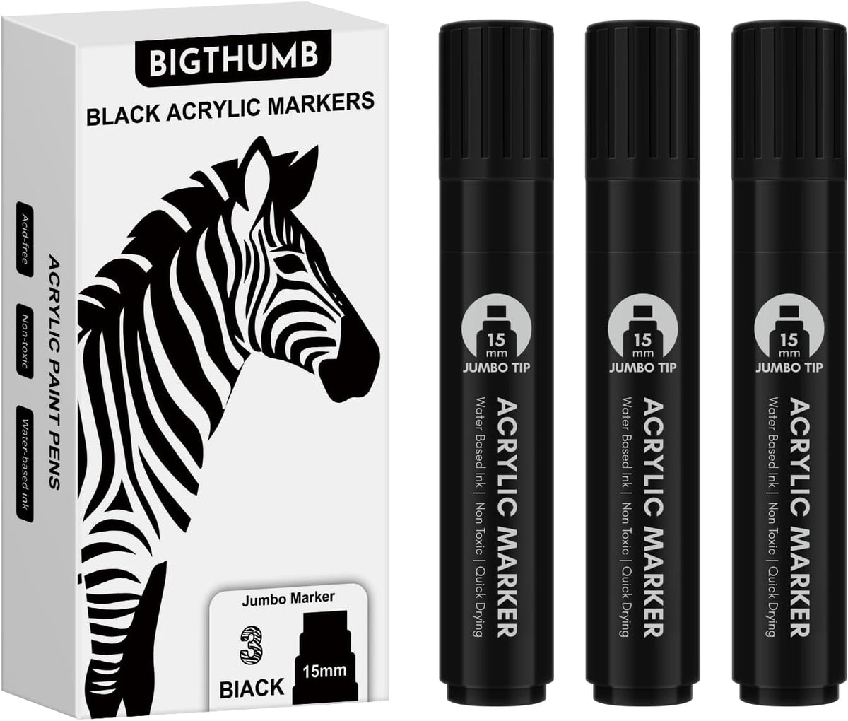 3 Pcs Black Jumbo Permanent Markers: 15mm Wide Tip Thick Acrylic Paint Pen Large Calligraphy Marker