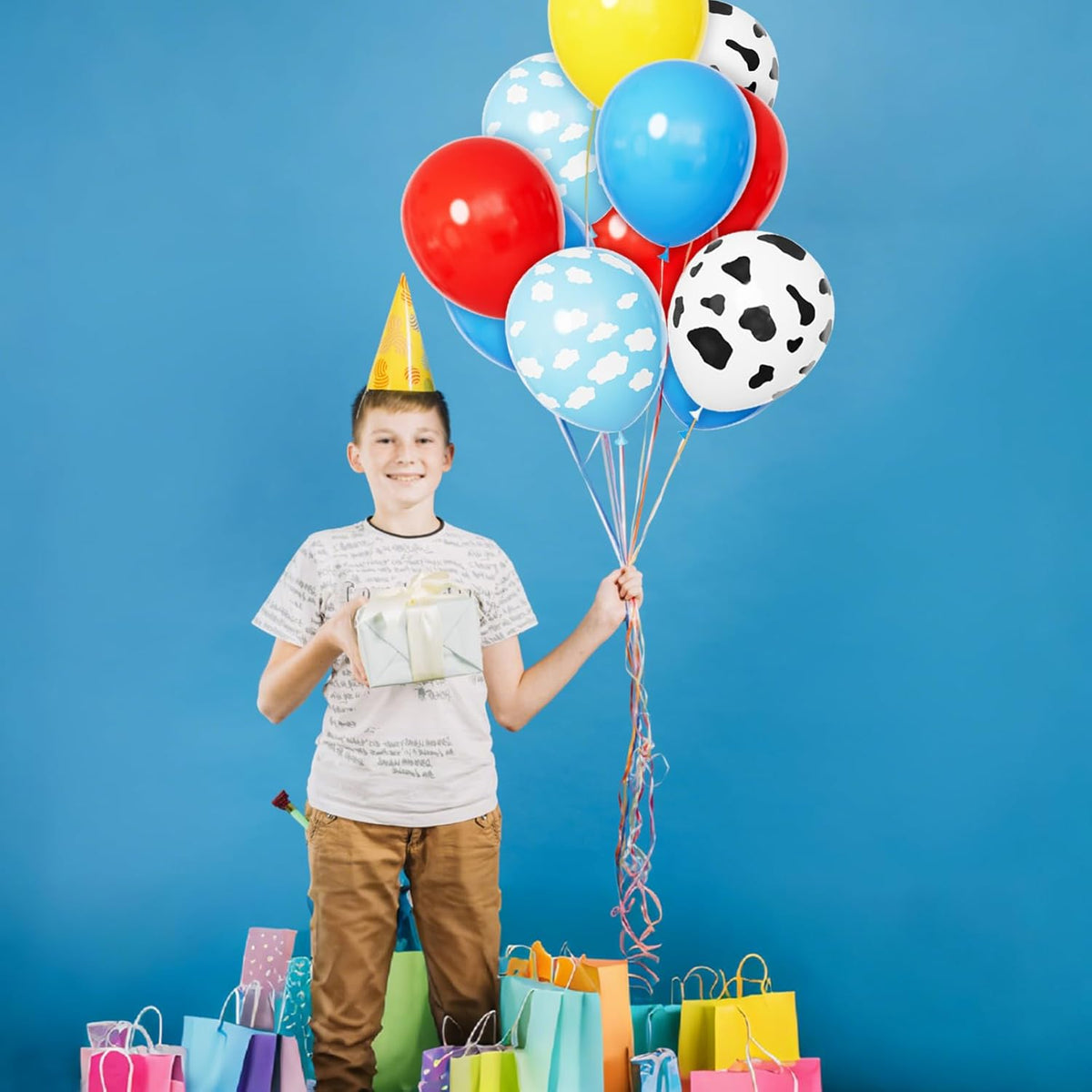 68Pcs Red Yellow Blue Toy Balloons 12 Inch Light Blue Cloud Cow Print Balloons for Baby's Birthday