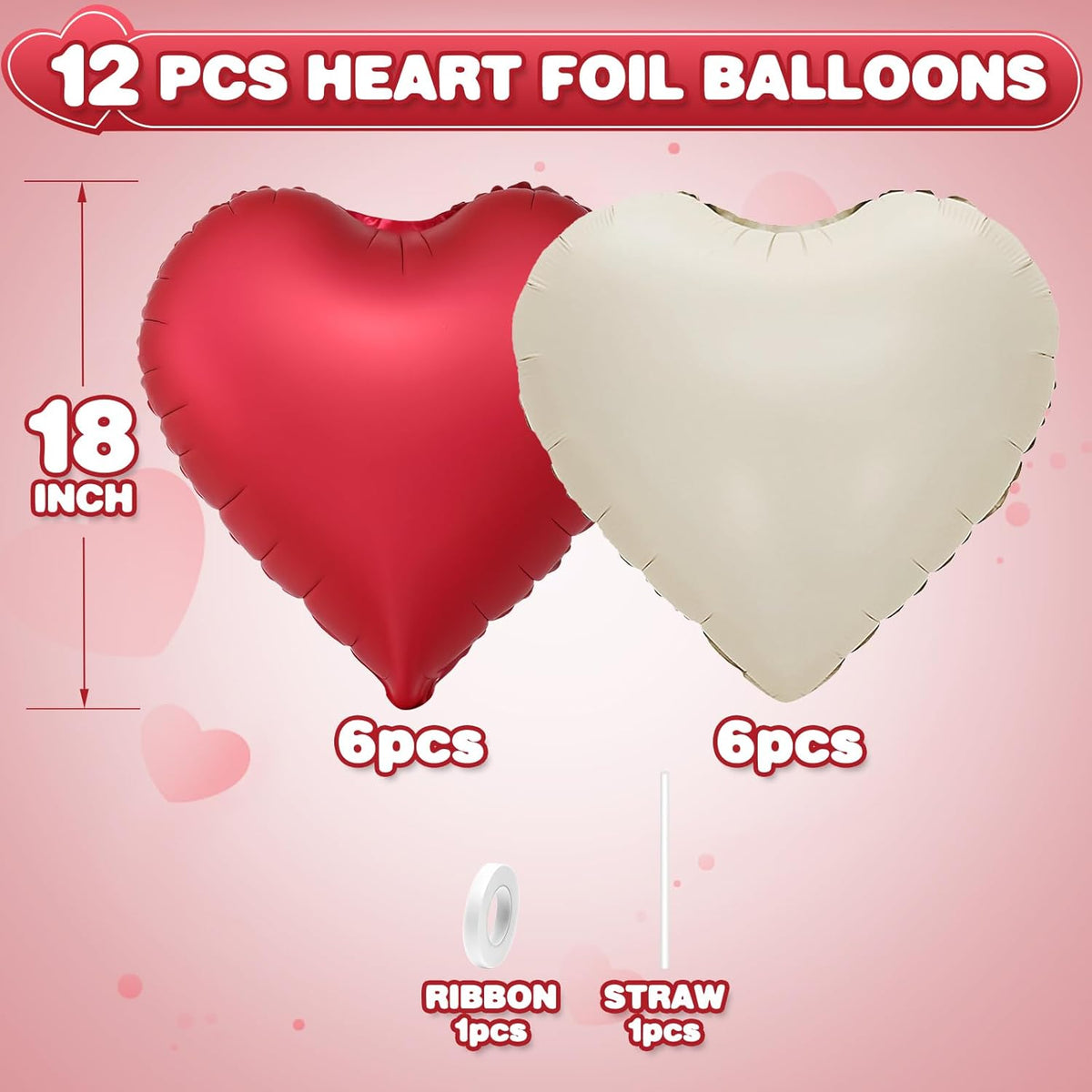 Red White Heart Balloons,12Pcs 18Inch Cream White Metallic Red Heart Shaped Foil Helium Balloons