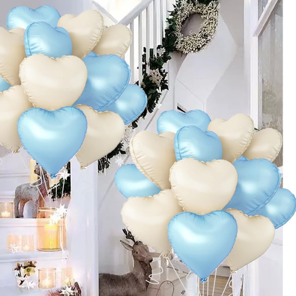 Baby White Heart Balloons，18 Inch Baby Blue Helium Foil Love Heart Shaped Balloons for Birthday