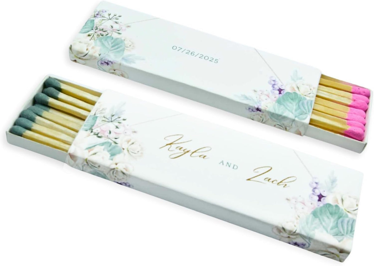 10 Boxes - Customized Matchboxes Colorful Tips (Wedding Design #5, 4" Matchboxes) (4" Matchsticks