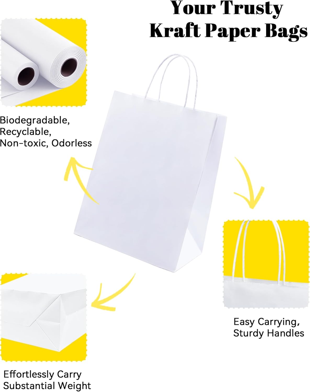 BAG BOX 50 Pack 5.9x3.1x8.25 Inch White Gift Bags with Handles,Bulk Kraft Paper Bags for Shopping