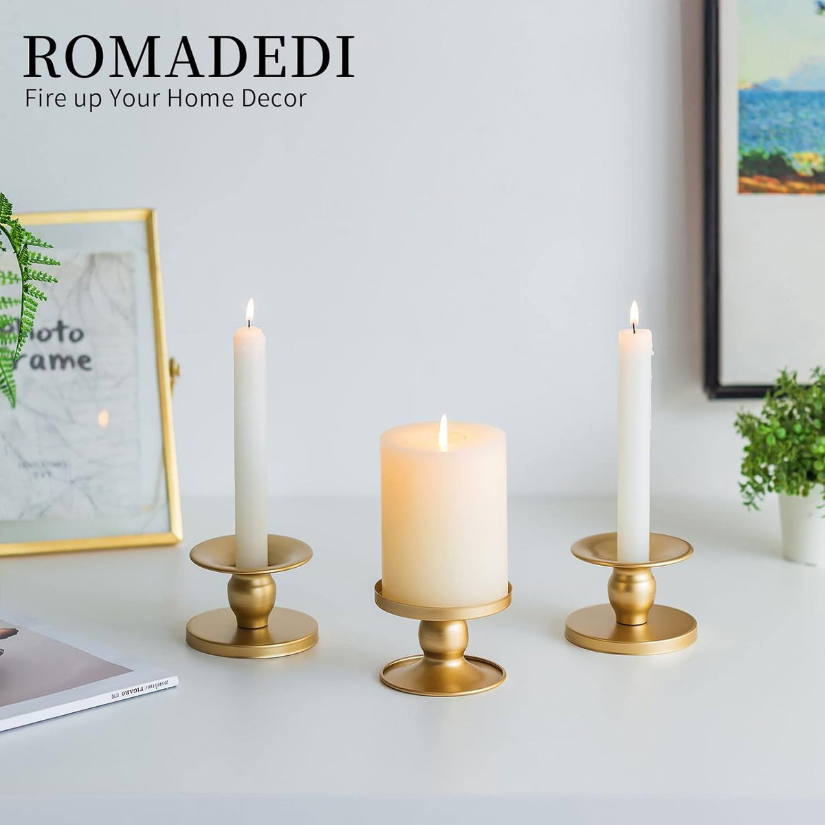 Candle Holders for Pillar Candles, Romadedi Gold Pillar & Taper Candle Holder, Small Metal Candle