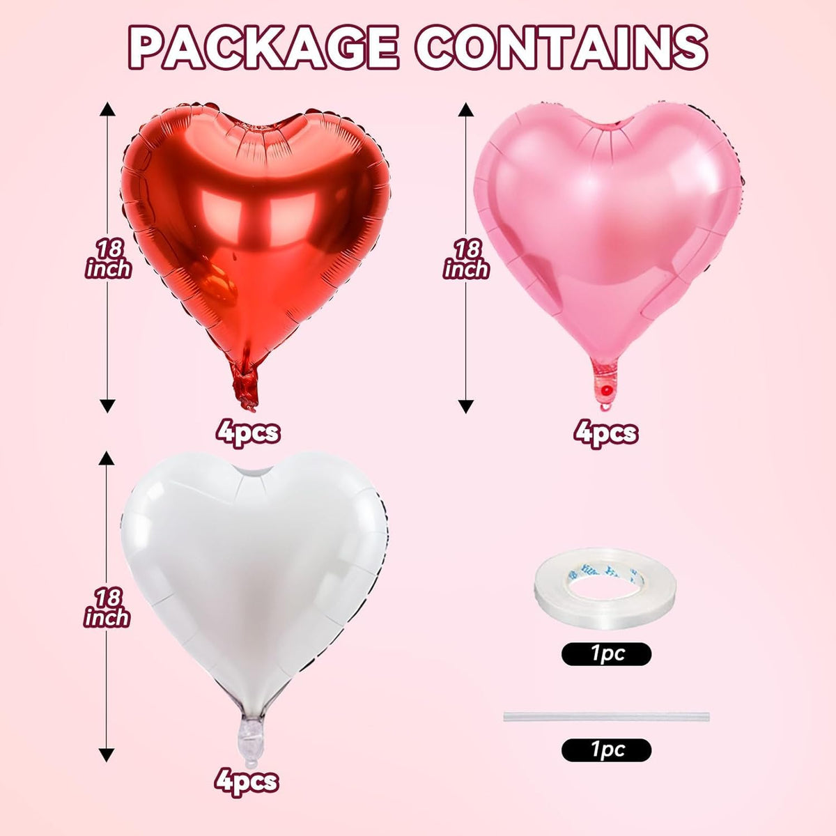 12 Pcs Heart Balloons - 18 inch Red Pink Heart Shaped Foil Helium Balloons for Wedding, Baby