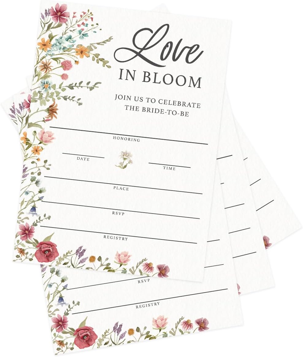 Printed Party Bridal Shower Invitations and Envelopes, Wildflower Theme, Love In Bloom Design, Set