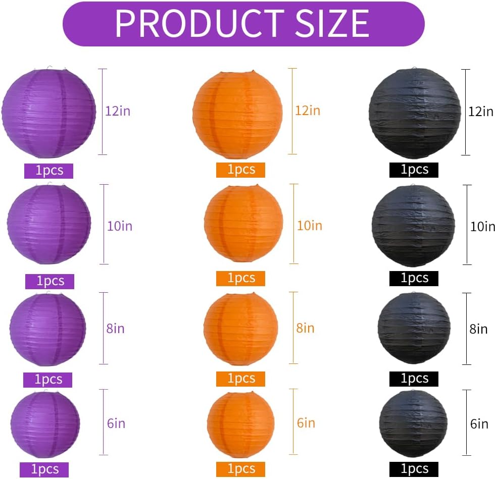 BEISHIDA 12Pcs Orange Purple Black Paper Lanterns Decorative Chinese/Japanese Hanging Round Paper
