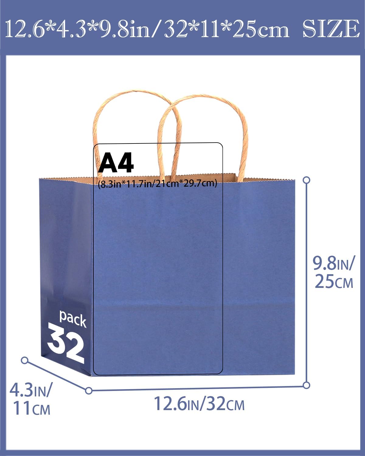 qiqee 100PCS Large Gift Bag with Handles Bulk 13"x4.5"x10" Gift Bags Kraft Deep Blue Multiple Uses
