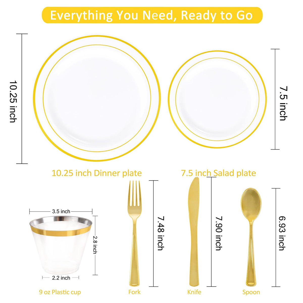 WELLIFE 350-Piece Gold Disposable Plates and Cutlery Set - Premium 10.25" Dinner Plates, 7.5"