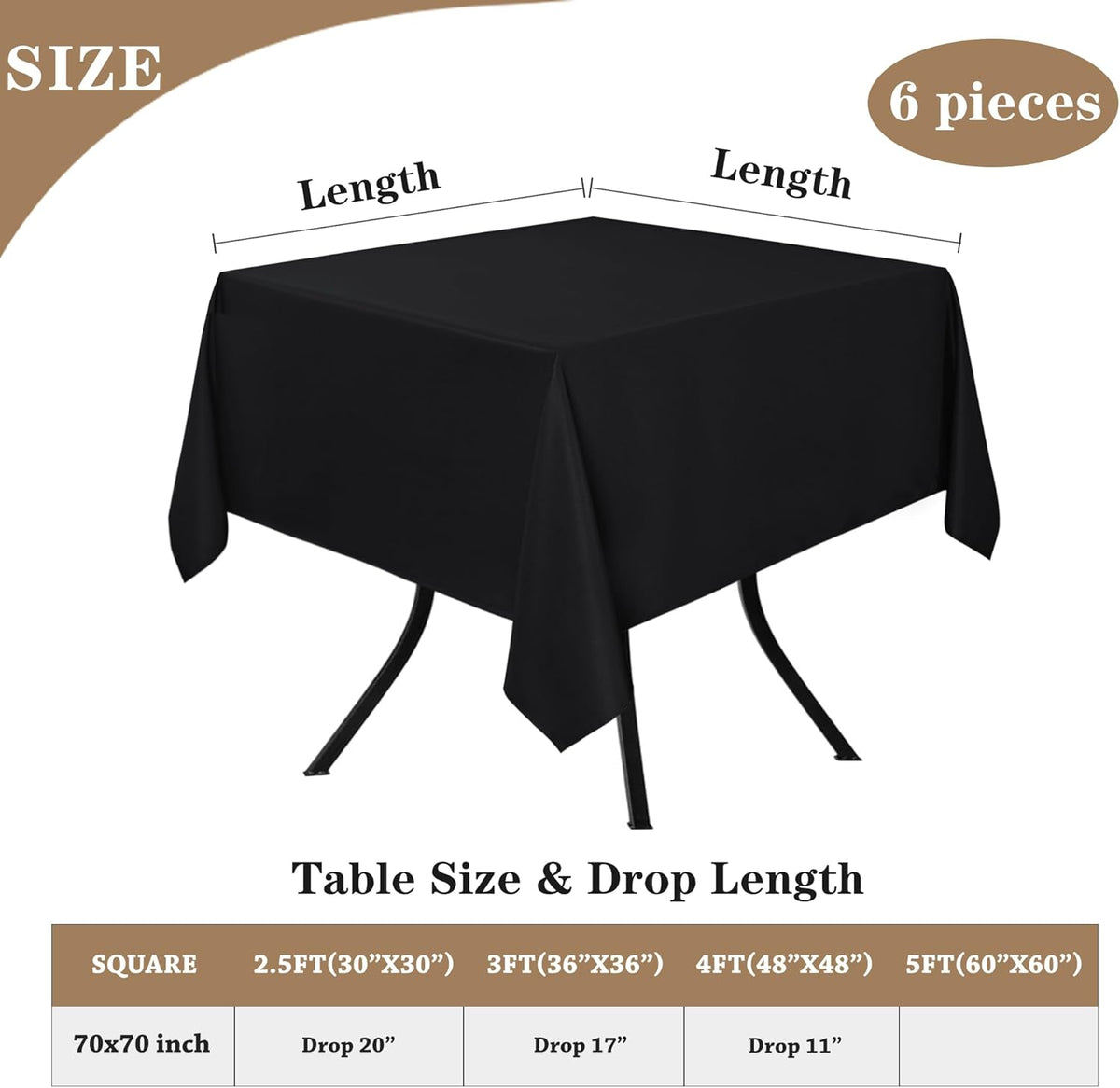Fitable 6 Pack Black Square Tablecloths - 70 x 70 Inches - Stain Resistant and Reusable Table