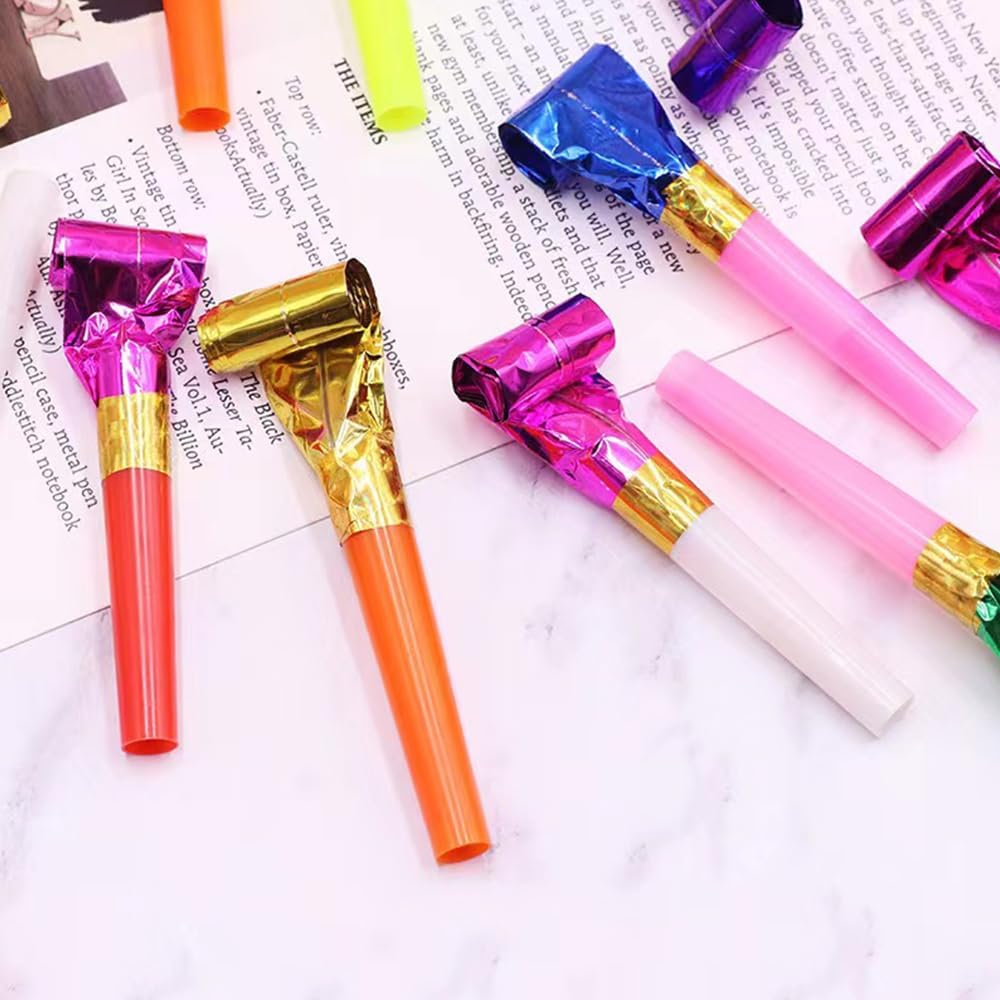100 Pcs Party Blower, Colorful Birthday Noisemakers Funny Birthday Blow Horns Squawkers Party