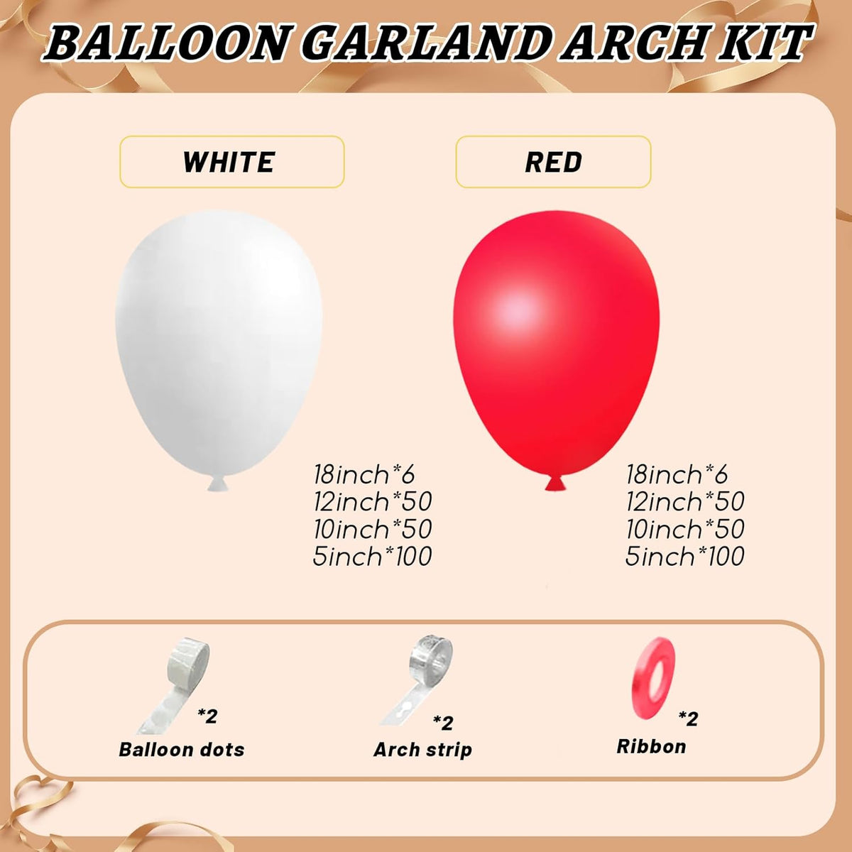 412Pcs Red and White Balloon Garland Arch kit, 18 12 10 5 Inch Different Size Red White Latex