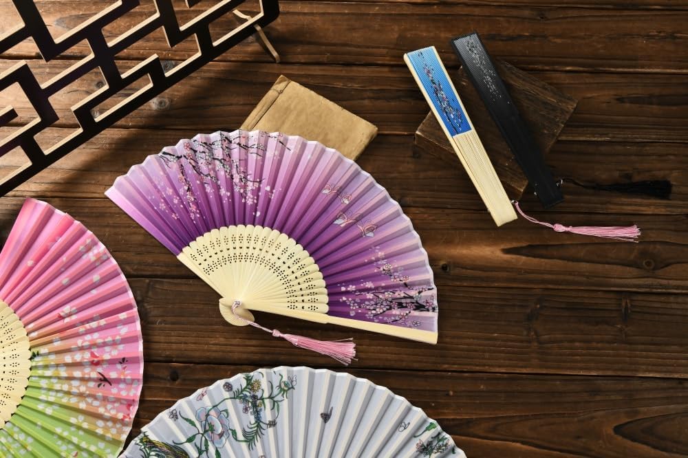 HUNANBANG 4 Pieces Oriental Bamboo Folding Hand Fans Church Wedding Gift, Party Favors, DIY