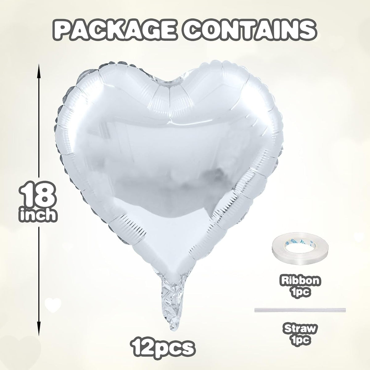 12 Pcs Heart Balloons, 18 inch Silver Heart Shaped Balloons, Big Foil Helium Balloon, Love Foil