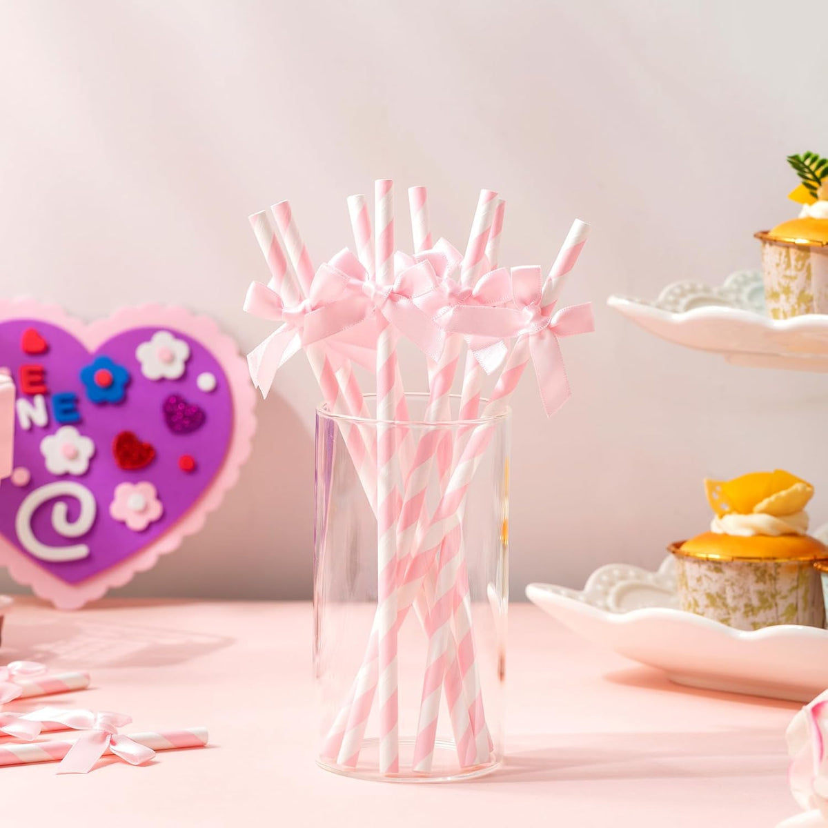 100 Pcs Pink Paper Straws for Drinking, Bow Disposable Striped Paper Straws Bulk Pink Theme