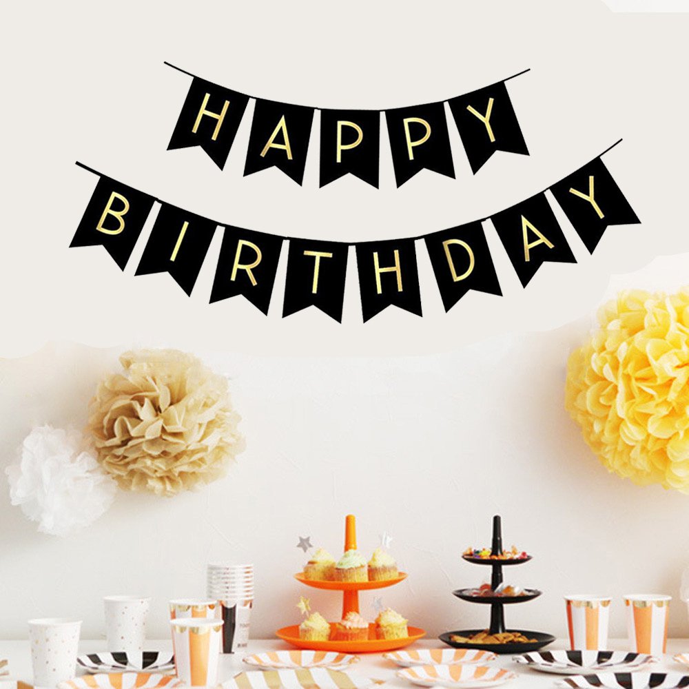 Fecedy Black Happy Birthday Bunting Banner with Shiny Gold Letters Pre-Strung No DIY for Birthday