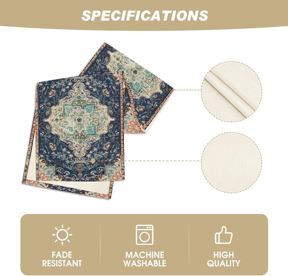Artoid Mode Boho Bohemia Style Blue Table Runner, Country Rustic Farmhouse Magical Winter Kitchen
