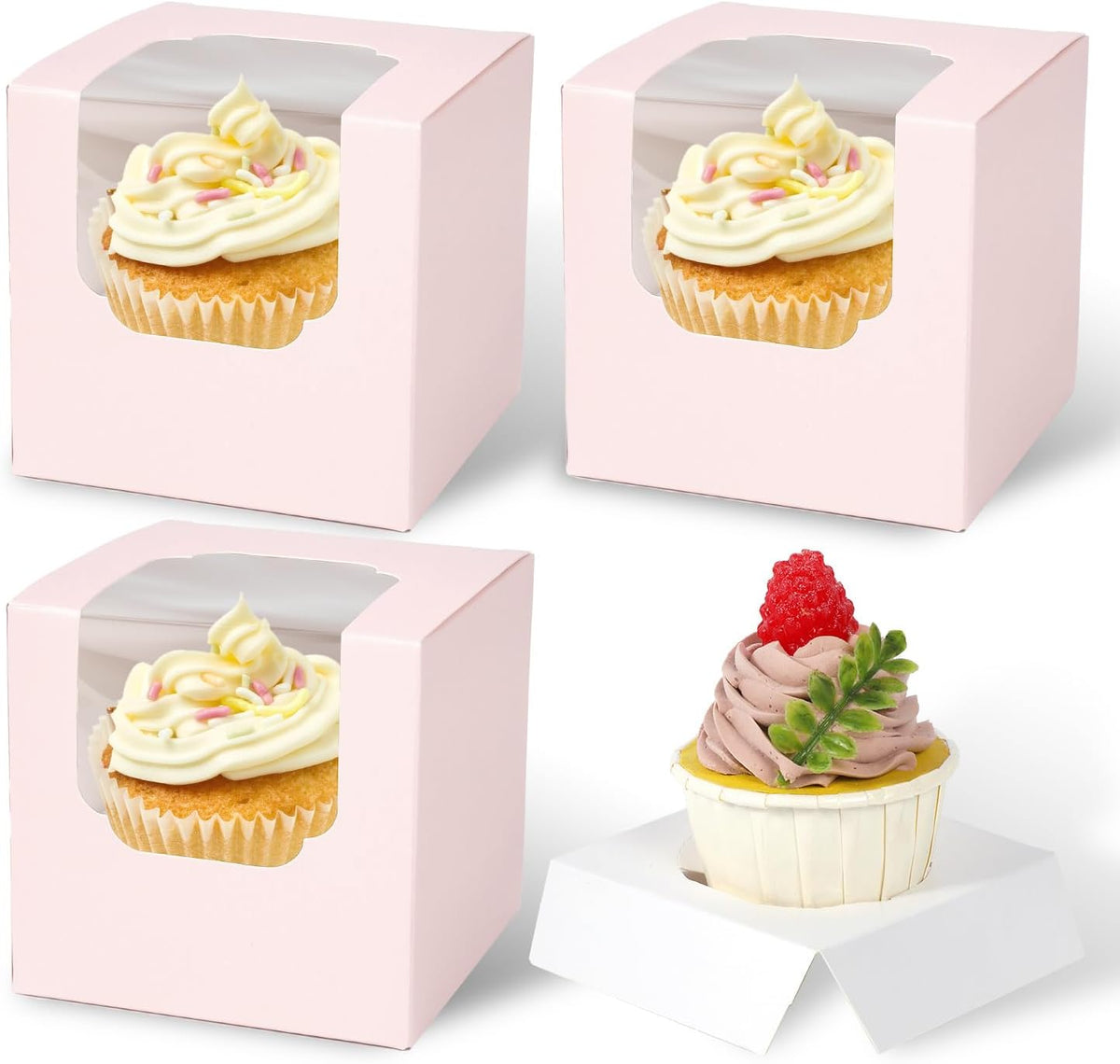 JCD 120 Pcs Individual Pink Cupcake Box with Insert, Cupcake Boxes Auto-pop up Individual Cupcake