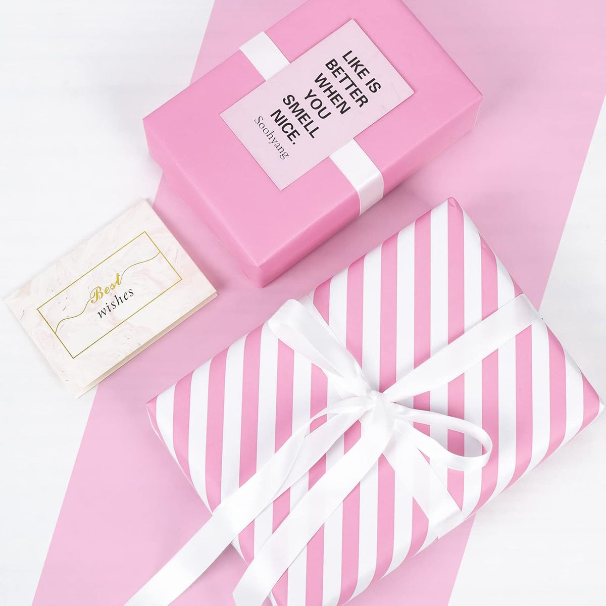 WRAPAHOLIC Reversible Wrapping Paper - Mini Roll - 17 Inch x 33 Feet - Pink and Stripes Design for