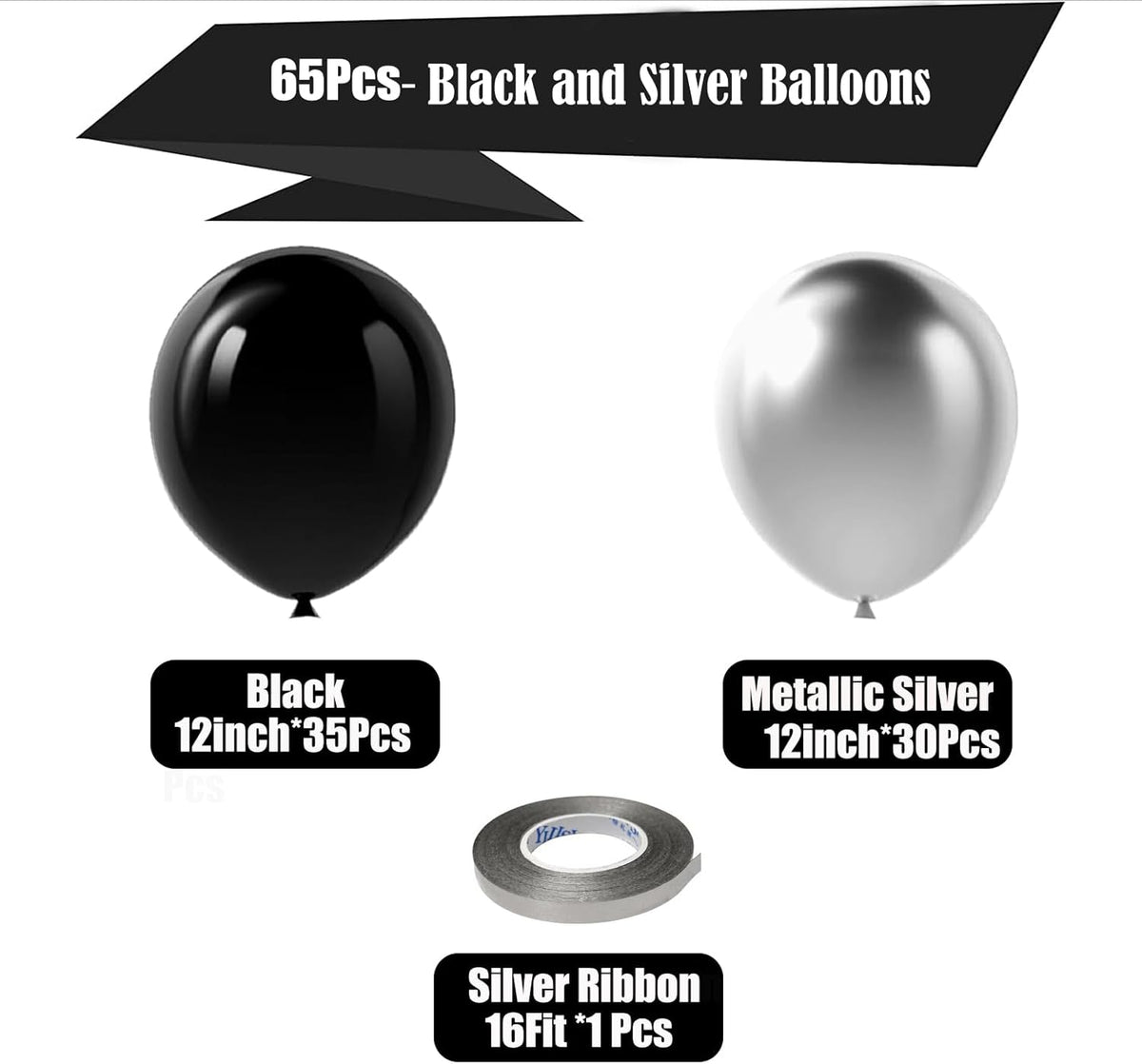 Black and Silver Balloons,65PCS 12 Inch Metallic Chrome Silver and Black Latex Balloons for