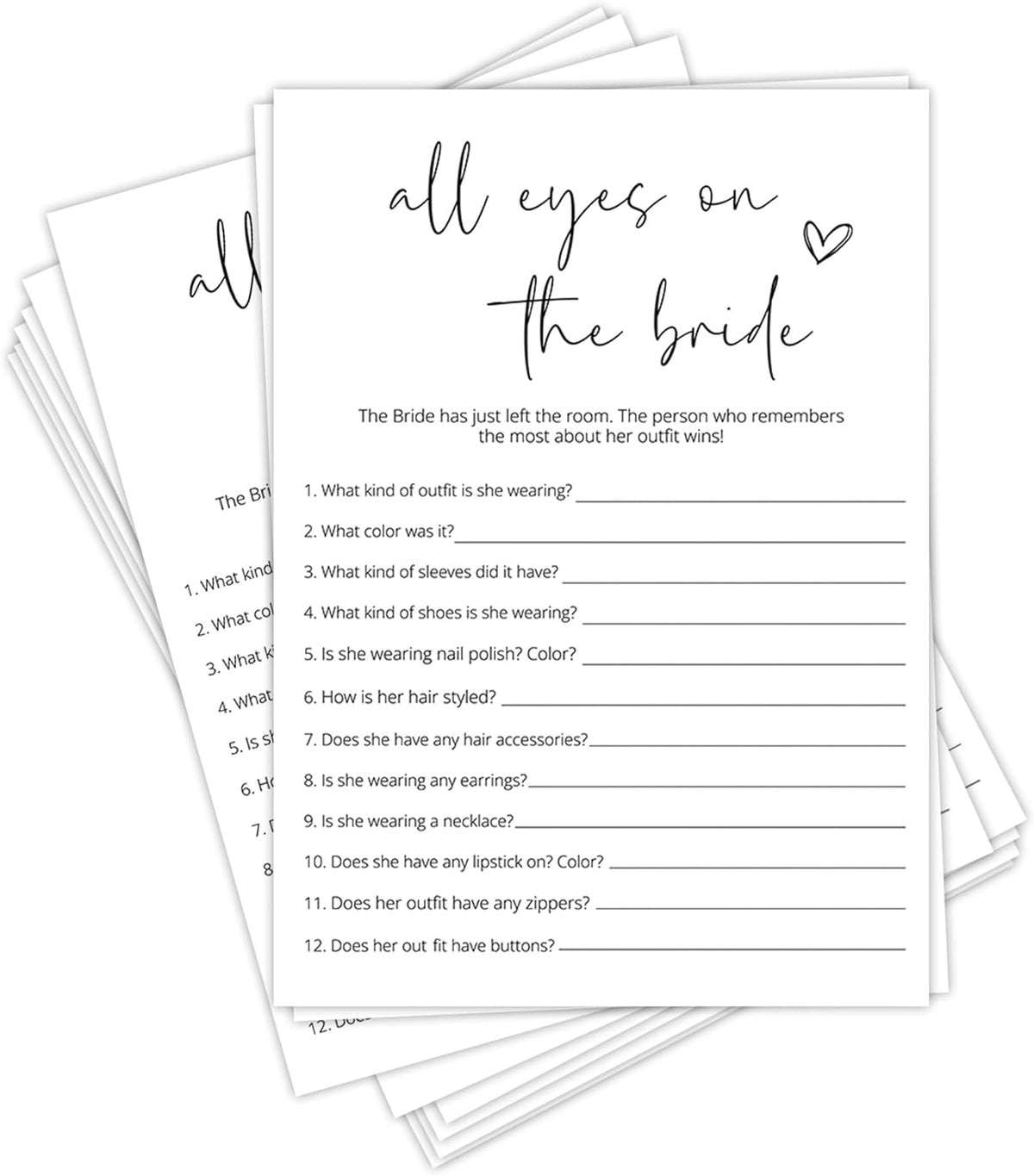 Bridal Shower Games, All Eyes On The Bride, 25Pcs Minimalist White Double-Sided Bridal Game Cards