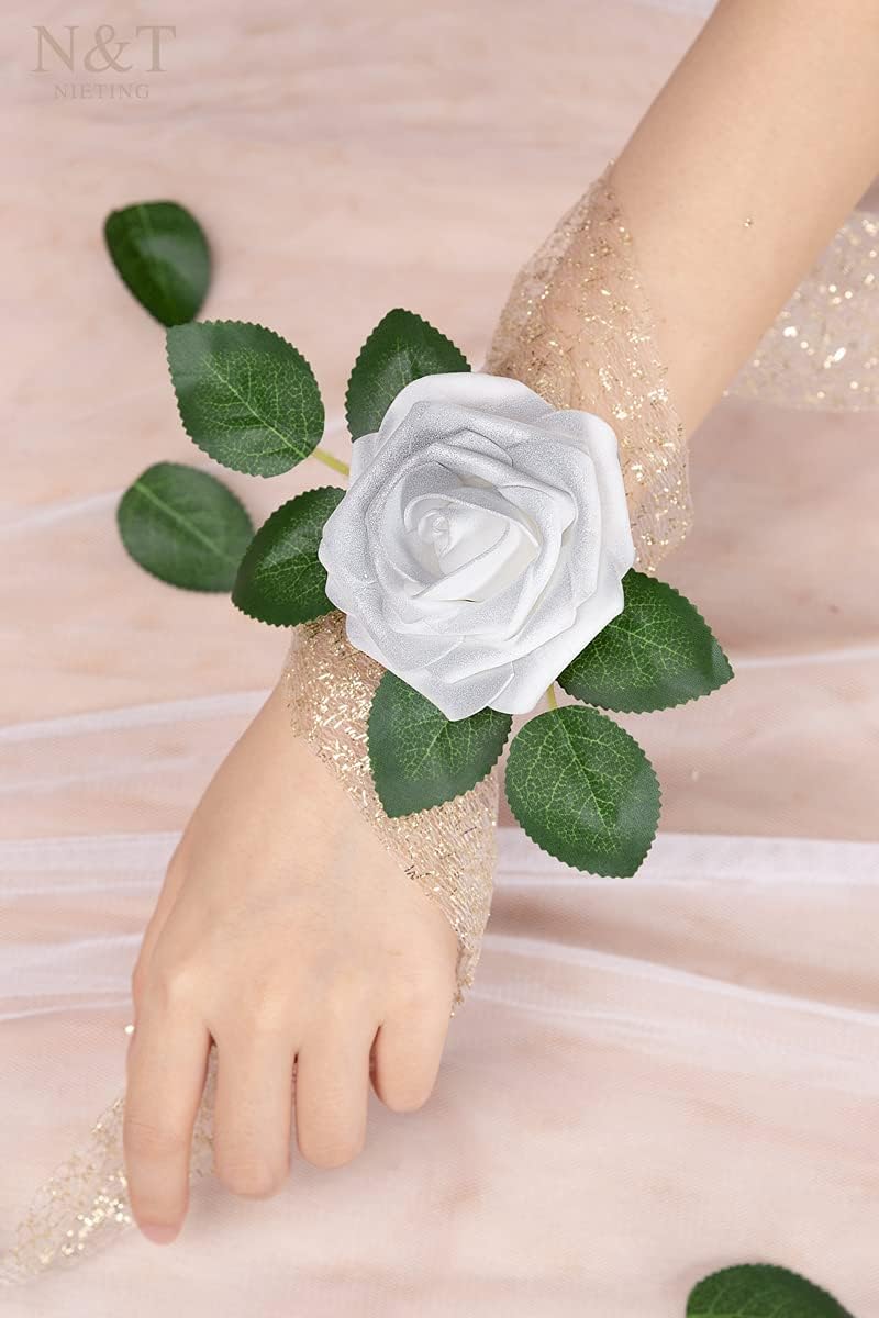 N&T NIETING Artificial Flowers, 25pcs Fake Flowers Roses with Stem for DIY Wedding Bouquets