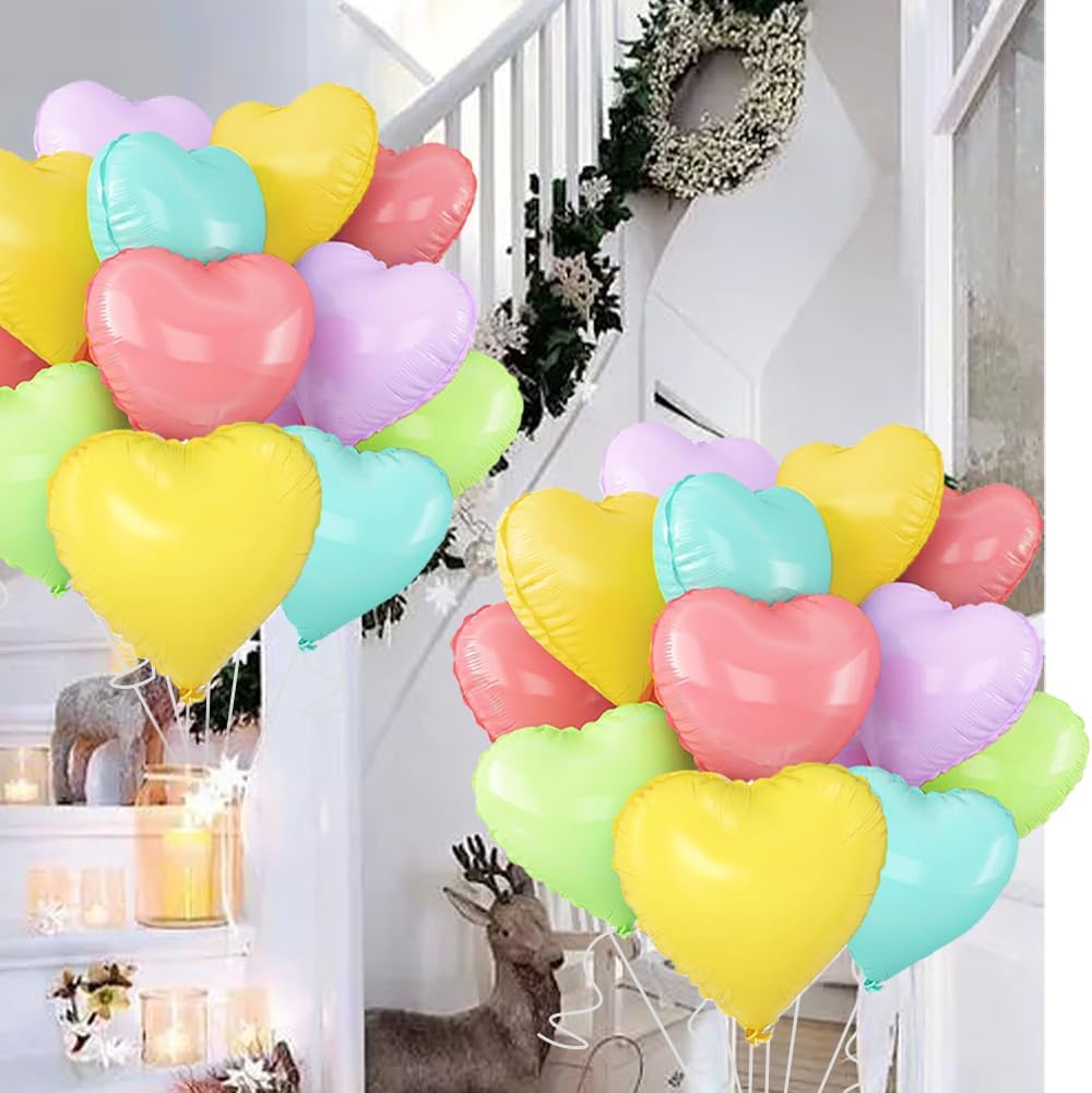 5 Colors Heart Balloons，18 Inch Color of Macaron Foil Mylar Love Heart Shaped Balloons for