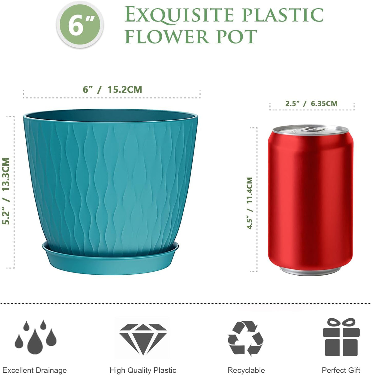 6 inch Plant Pots, 5 Pack Flower Pots with Drainage Holes and Saucers for Indoor Plants, Plastic