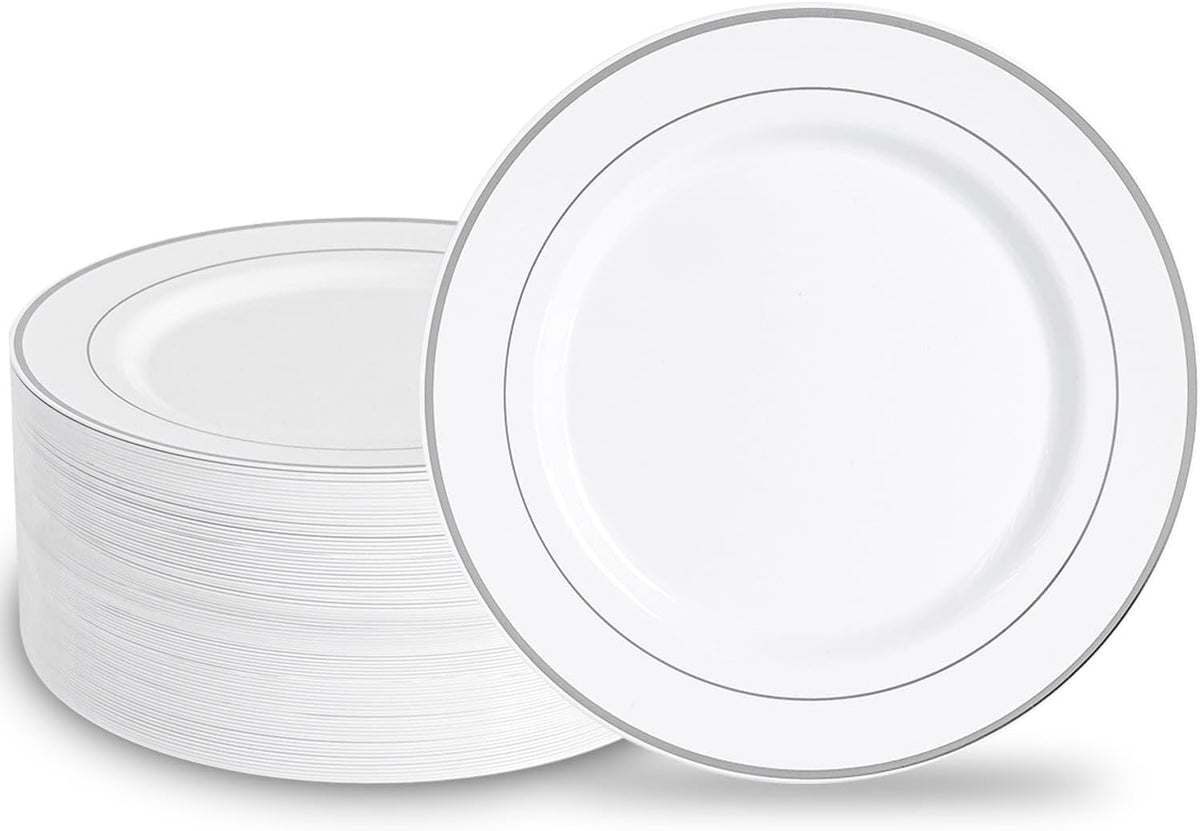 N9R 100PCS Silver Plastic Plates, 10.25 inch White Disposable Dinner Plate with Silver Rim, Heavy