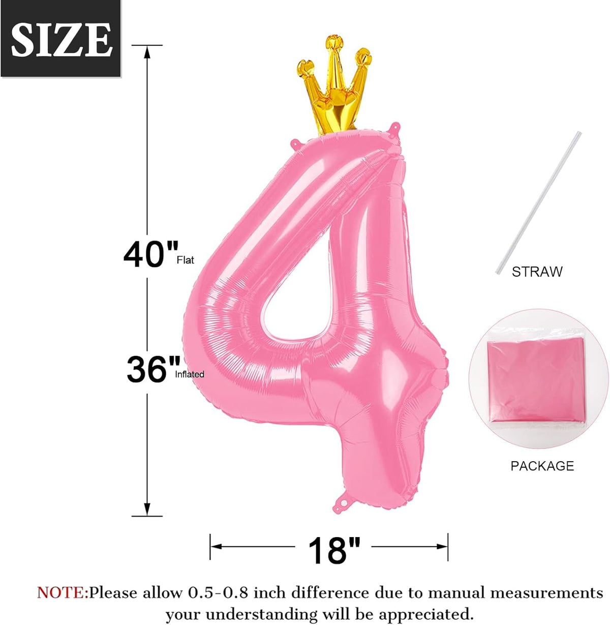 40 Inch Pink Number Balloon 0-9(Zero-Nine) with Crown, Big Size Happy Birthday Balloon, Foil Helium